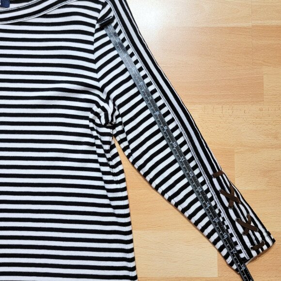 Chaps Black White Striped Suede-like Tie Up Embellished 3/4 Sleeves | Large - Picture 10 of 17